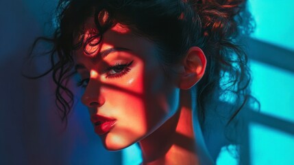 Fototapeta premium Pensive Woman, Neon Lights, Dramatic Portrait, Red and Blue Hues