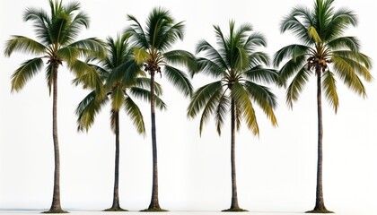 Obraz premium Five tall coconut palm trees stand on a white background. Rich green leaves of tropical palm trees. Tropical scenery. Palm trees isolated on white. Summer time.