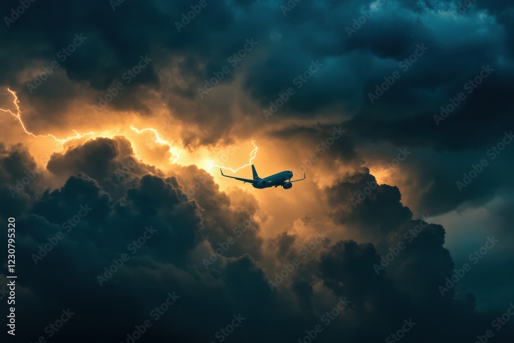 Poster airplane encounters turbulent stormy weather while flying through dark clouds in dramatic lighting c