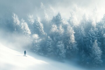 A lone cross-country skier traverses a snow-covered landscape, enveloped by a misty, frost-covered forest.