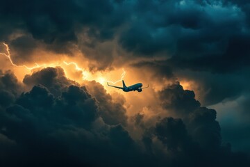 Fototapeta premium Airplane encounters turbulent stormy weather while flying through dark clouds in dramatic lighting conditions. Generative AI