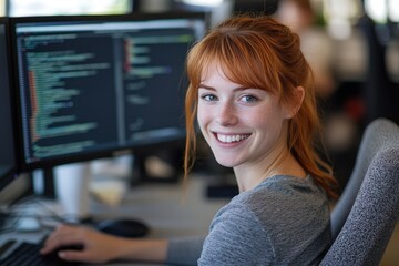 A smiling redhead woman sits at her desk, working on code displayed on a computer screen.
