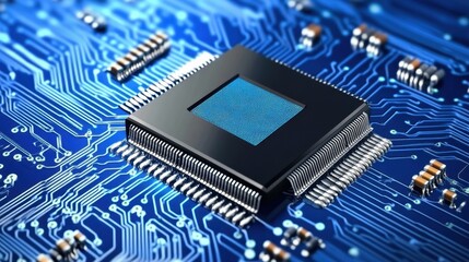 A futuristic animation of electrons flowing through a transistor, displayed on a rich royal blue background.