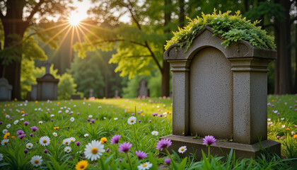 Overgrown gravestone surrounded by wildflowers and greenery in golden hour light