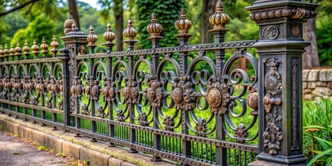 Obraz premium Ornate cast iron fence with intricate metalwork and natural stone accents in a rural garden setting