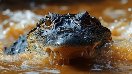 Obraz premium Close-up of an Alligator's Head in Murky Water Showing Sharp Teeth and Eyes