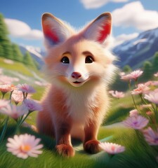 Obraz premium Playful fox cub enjoys a sunny day among blooming flowers in a peaceful meadow setting