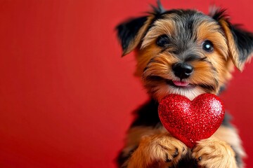 Cute lakeland terrier canine with diamond red heart - sign of love, funny greeting card. Lakeland terrier - my desired dog. Marketing conceptual art. Dog valentine's gifts. Puppy love.