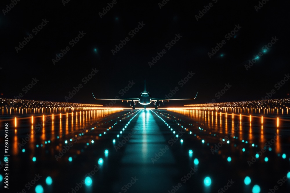 Aufkleber Airplane preparing for departure on illuminated runway with navigation lights at night. Generative AI