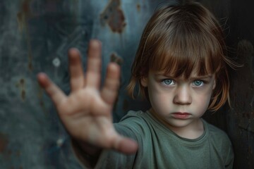 National child abuse awareness month: scared child, covering gesture, emotional wounds, protective instincts, vulnerable children, educational efforts, advocacy against abuse, safety measures.