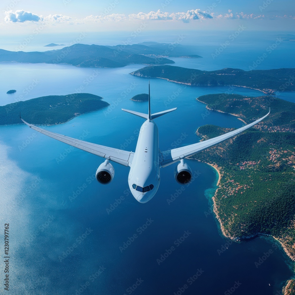Poster gliding airplane soaring over vast blue ocean with small islands below on a clear day. generative ai