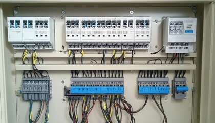 Electrical panel showing circuit breakers, wiring, and components managing power distribution