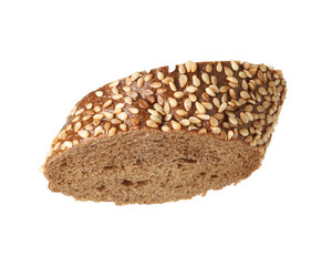 Piece of fresh baguette with sesame isolated on white