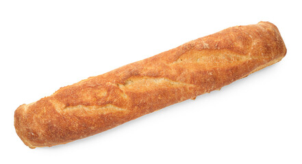 One freshly baked baguette isolated on white, top view