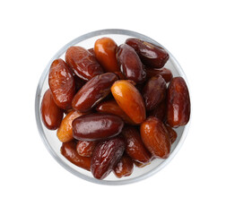 Tasty dried dates in glass bowl isolated on white, top view