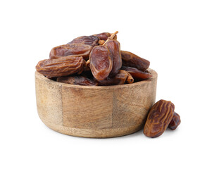 Tasty dried dates in bowl isolated on white