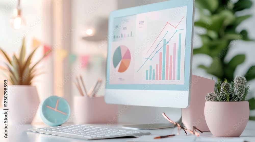 Poster organized modern workspace with analytics data visualization on computer screen
