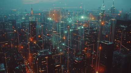 Abstract business man stands on Smart digital Innovation city with connection network reciprocity over the twilight cityscape. of future wireless digital city and social media networking systems