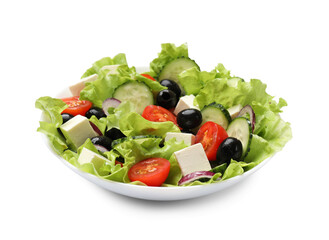 Delicious fresh Greek salad isolated on white