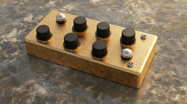 A variable resistor with an adjustable knob on a polished golden background.