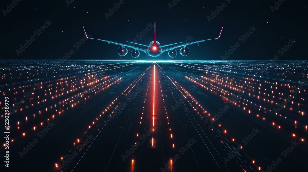 Poster airplane on illuminated runway at night with vibrant navigation lights enhancing visibility and safe