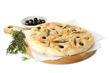 Delicious focaccia bread with olives and rosemary isolated on white