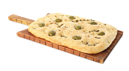 Delicious focaccia bread with olives, salt and thyme isolated on white