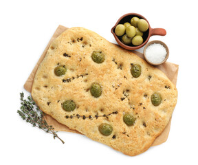Delicious focaccia bread with olives, salt and thyme isolated on white, top view