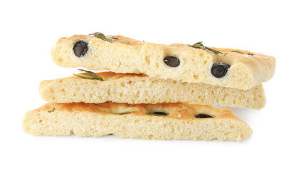 Slices of delicious focaccia bread with olives and rosemary isolated on white