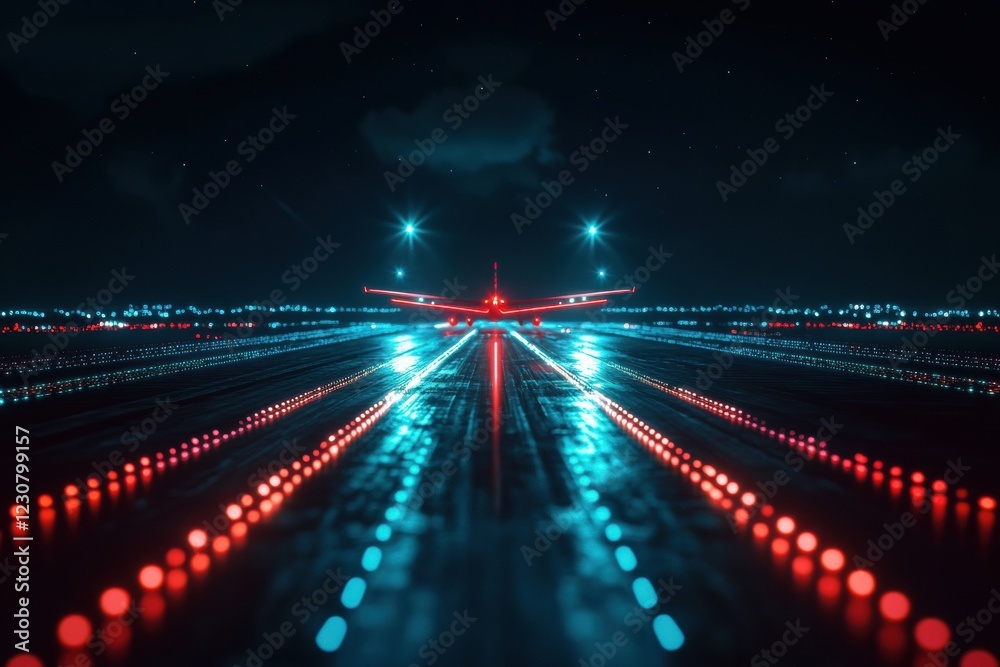 Fototapete airplane preparing for takeoff on illuminated runway at night with surrounding navigation lights. ge