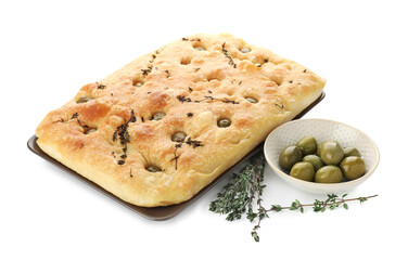 Delicious focaccia bread with olives and thyme isolated on white