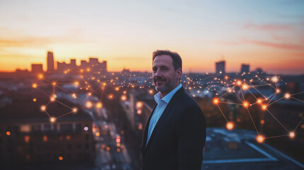 Fototapeta premium Abstract business man stands on Smart digital Innovation city with connection network reciprocity over the twilight cityscape. of future wireless digital city and social media networking systems