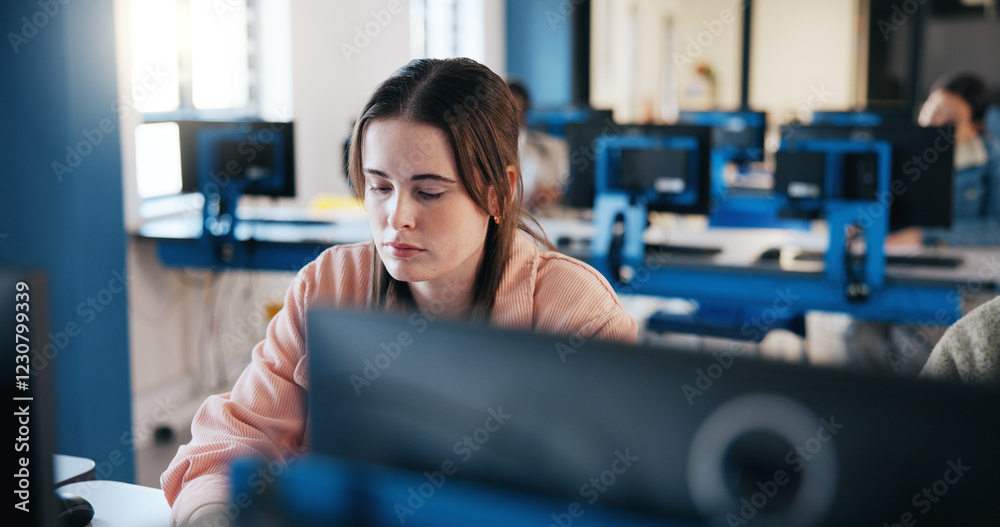 Aufkleber girl, student and typing with computer for online assessment, test or exam in classroom. female pers