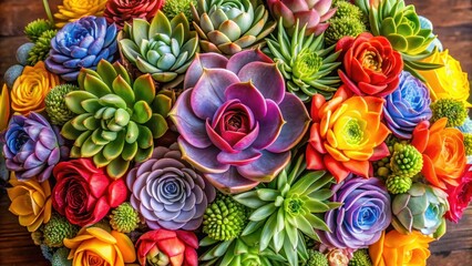 Vibrant colorful succulent flowers in a lush bouquet arrangement