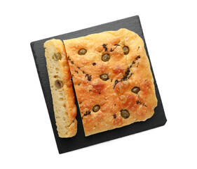 Pieces of delicious focaccia bread with olives and thyme isolated on white, top view