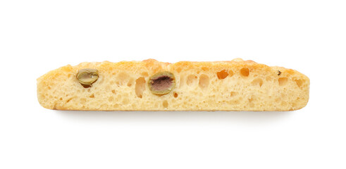 Piece of delicious focaccia bread with olives isolated on white, top view
