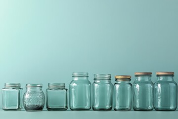 Variety of glass jars for storage studio setting minimalist design eye-level view