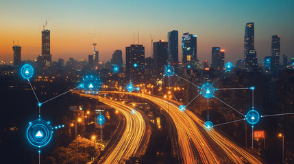 Obraz premium Abstract business man stands on Smart digital Innovation city with connection network reciprocity over the twilight cityscape. of future wireless digital city and social media networking systems