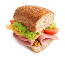 Delicious sandwich with ham isolated on white