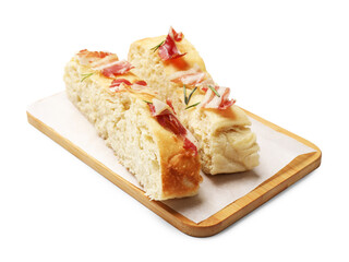 Slices of delicious focaccia bread with bacon and rosemary isolated on white
