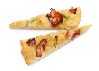 Slices of delicious focaccia bread with bacon and rosemary isolated on white, top view