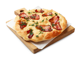 Delicious focaccia bread with bacon and parsley isolated on white