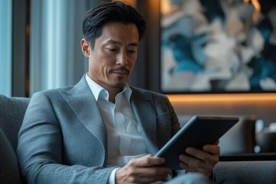 A businessman in a grey suit sits on a sofa and uses a tablet.