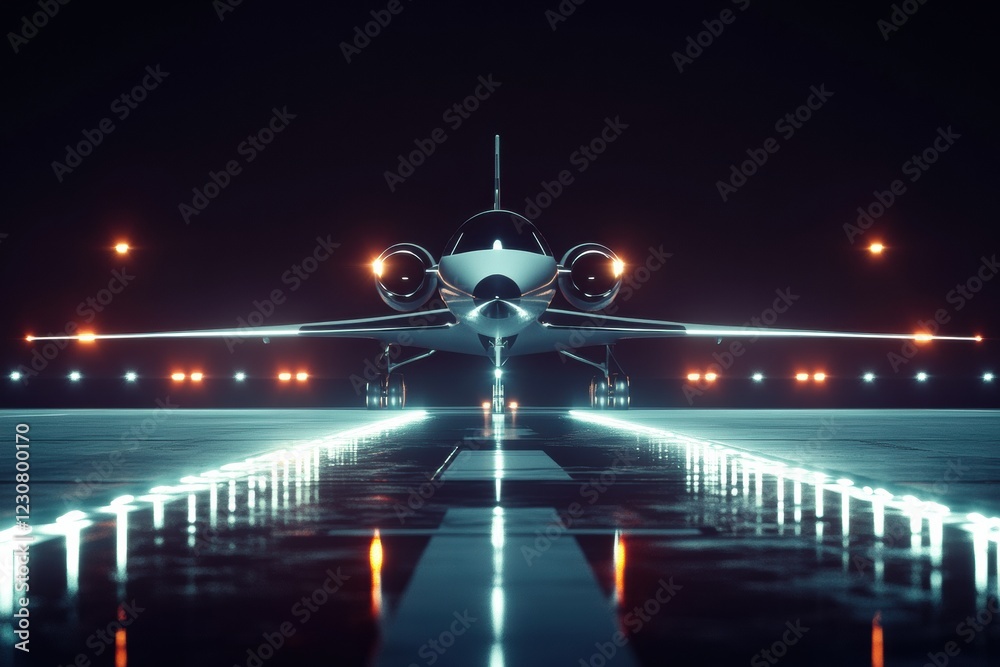 Poster Airplane awaits takeoff on illuminated runway surrounded by navigation lights at night. Generative AI