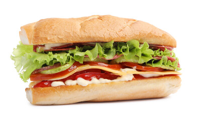 Delicious baguette sandwich with salami and cheese isolated on white