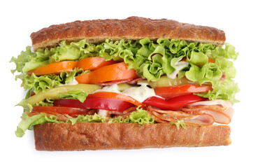 Delicious baguette sandwich with tomatoes and yellow beans isolated on white, top view