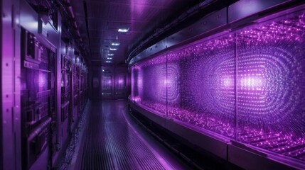 Fototapeta premium Futuristic Purple Data Center Corridor with Glowing Walls