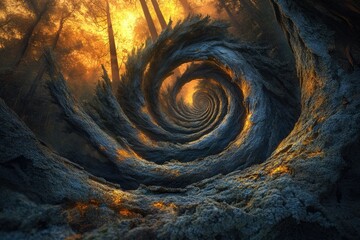 A swirling vortex of ancient trees, bathed in the golden light of a mystical sunset, creates a surreal and enchanting forest scene.