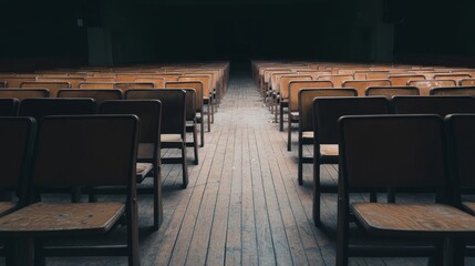 Empty wooden chairs in a dark auditorium, leading to a distant light source.
