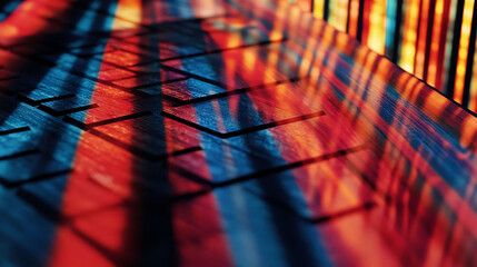 Abstract closeup of textured surface with vibrant red, orange, and blue light streaks. Ideal for backgrounds, website headers, or artistic projects needing a dynamic, modern feel.